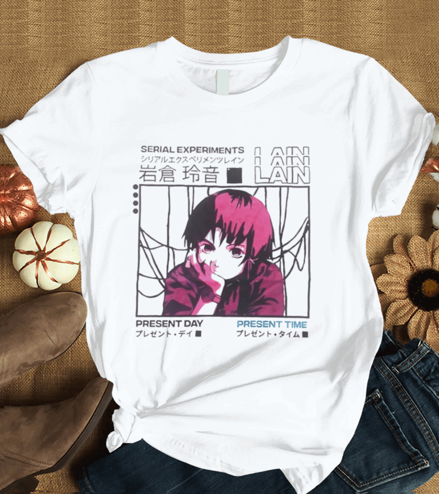 Serial Experiments Lain Present Day Present Time Japanese Text Retro Aesthetic T-Shirt
