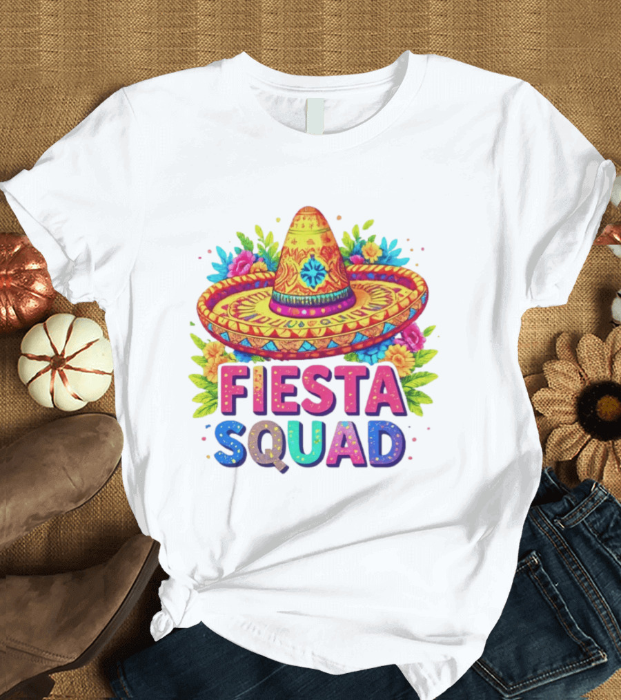 Fiesta Squad Colorful Sombrero And Flowers Cinco De Mayo Celebration T-Shirt