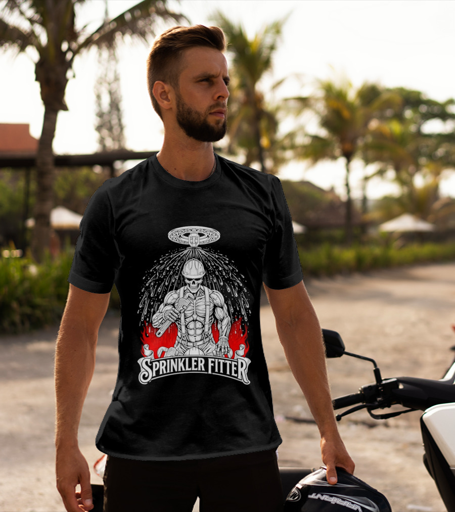 Skeleton Sprinkler Fitter With Fiery T-Shirt
