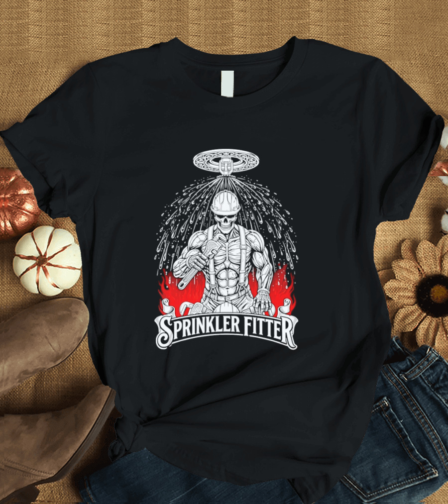 Skeleton Sprinkler Fitter With Fiery T-Shirt