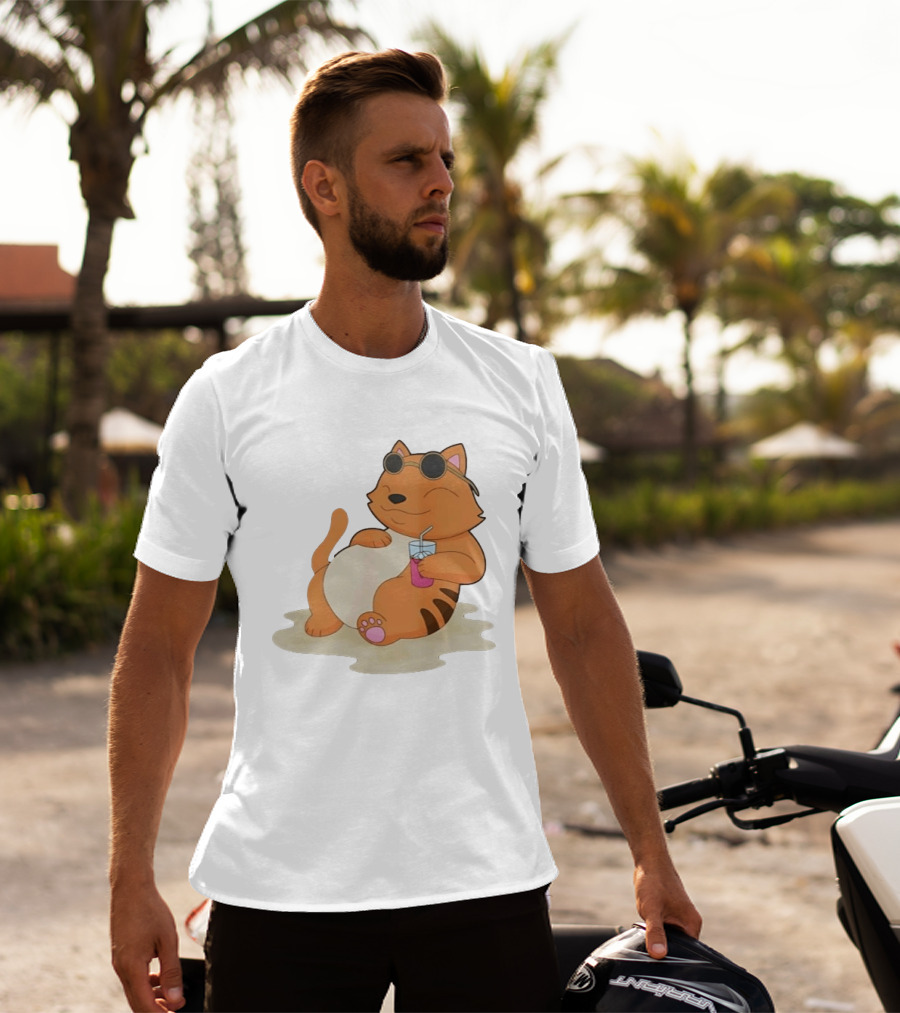 Cat Relaxing With Sunglasses And Drink On Beach Summer Vibes T-Shirt