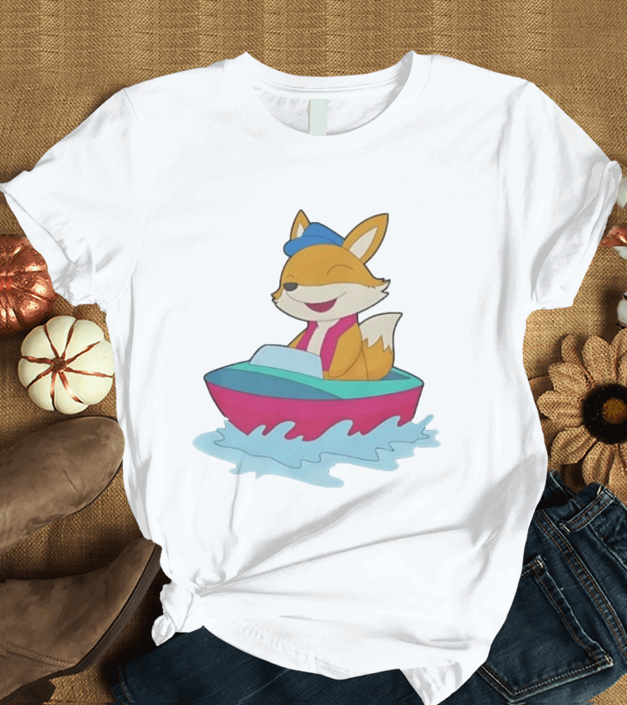 Cheerful Fox Sailing in Colorful Boat with Blue Hat and Pink Life Vest T-Shirt