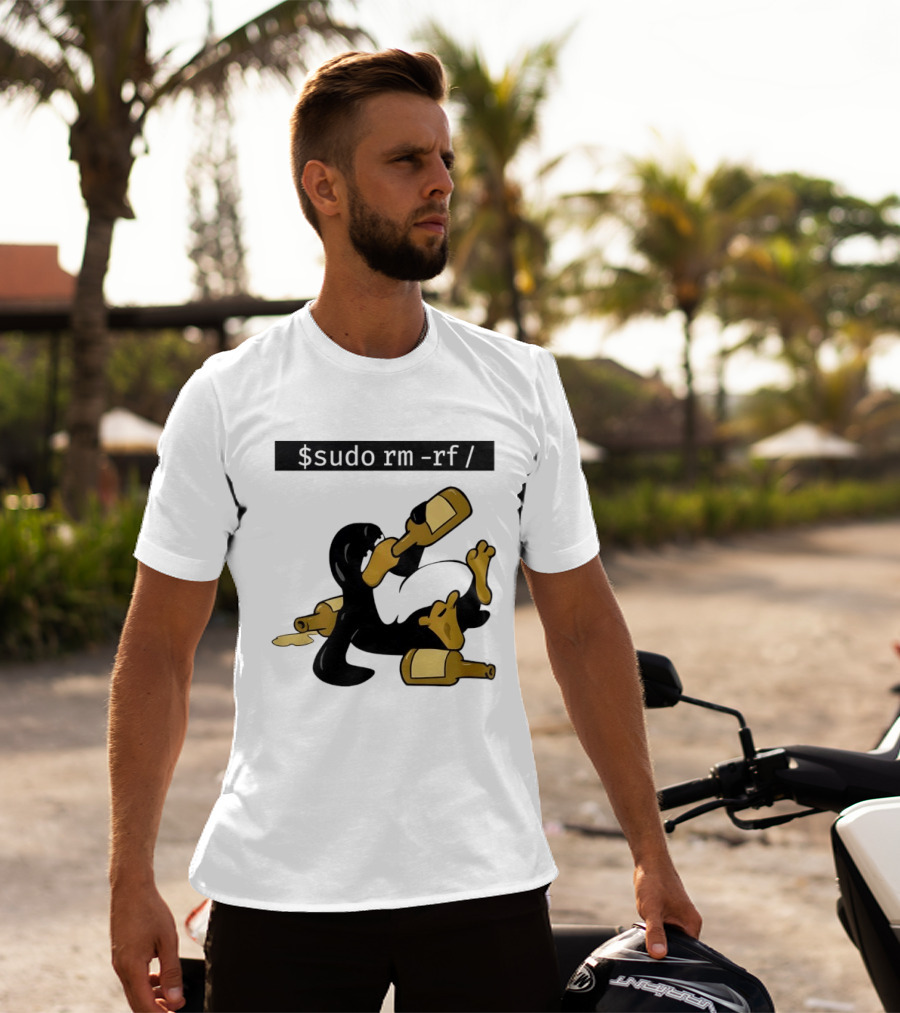 Penguin Linux Tux Drunk Sudo Rm Rf Command Bottles T-Shirt