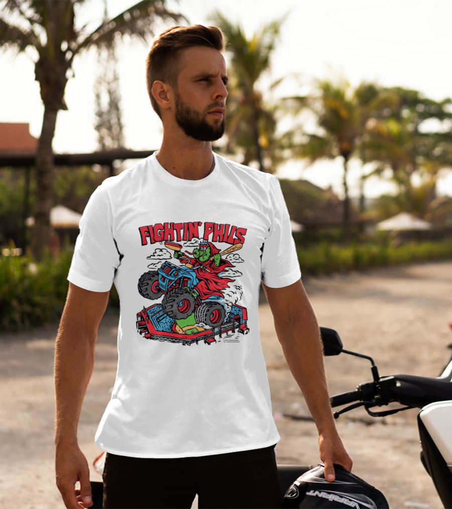 Fightin' Phils Monster Truck Creature Riding Over Baseball Stadium With Bats T-Shirt