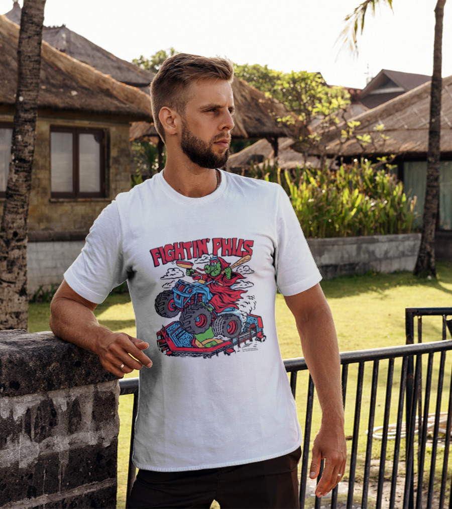 Fightin' Phils Monster Truck Creature Riding Over Baseball Stadium With Bats T-Shirt
