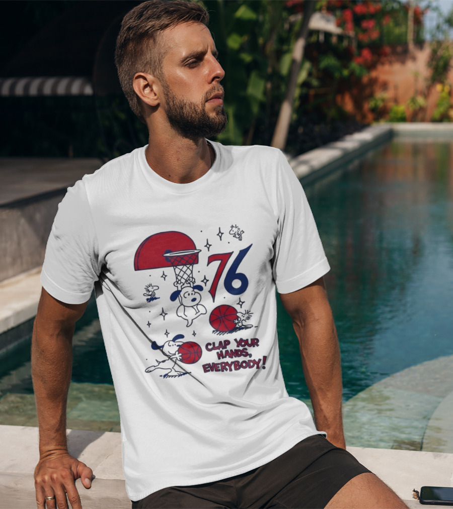Snoopy Philadelphia 76ers Clap Your Hands Everybody Basketball Theme With Red And Blue T-Shirt
