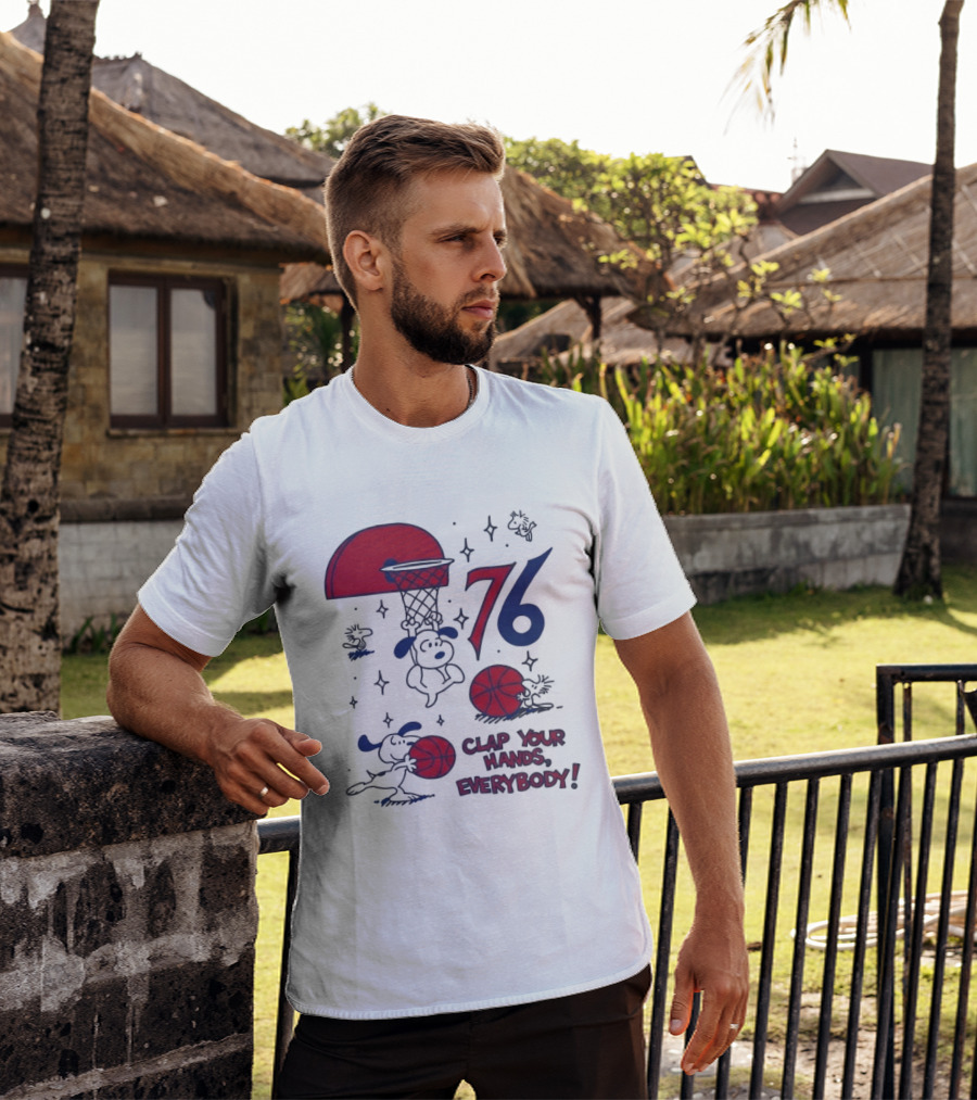 Snoopy Philadelphia 76ers Clap Your Hands Everybody Basketball Theme With Red And Blue T-Shirt