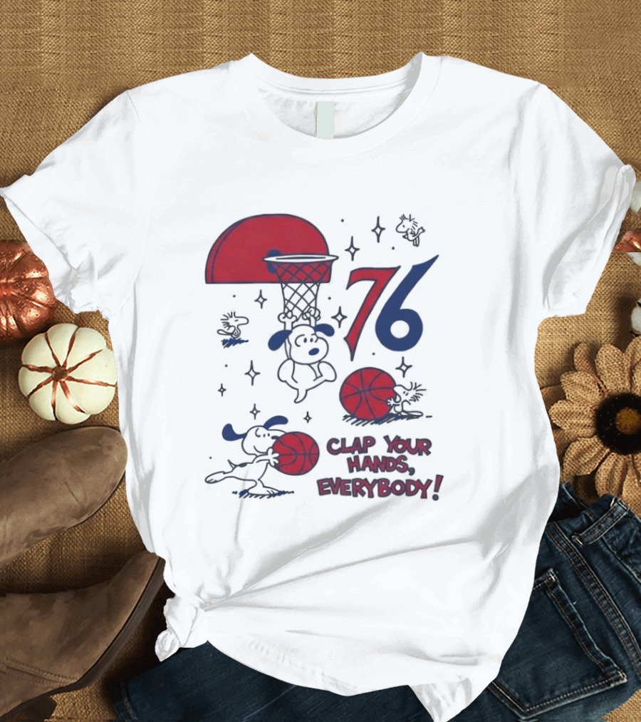 Snoopy Philadelphia 76ers Clap Your Hands Everybody Basketball Theme With Red And Blue T-Shirt