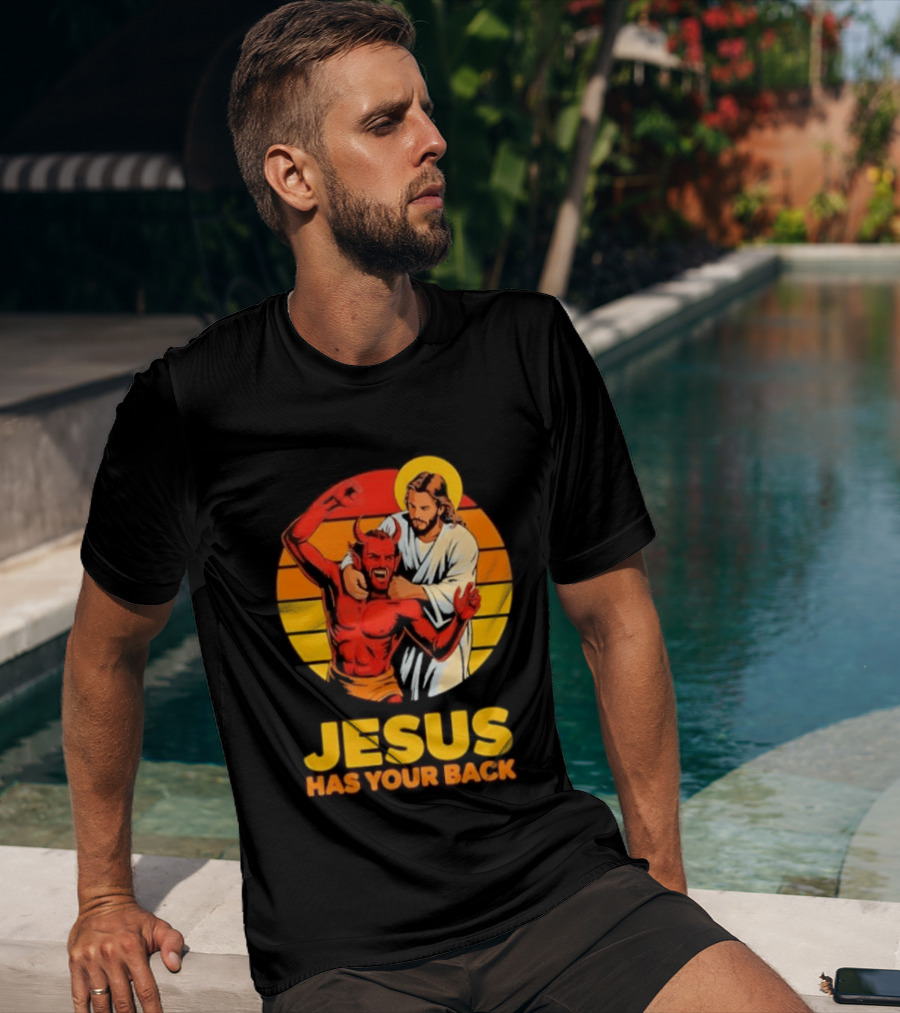 Jesus Has Your Back Vintage Illustration With Devil And Halo Symbolism T-Shirt