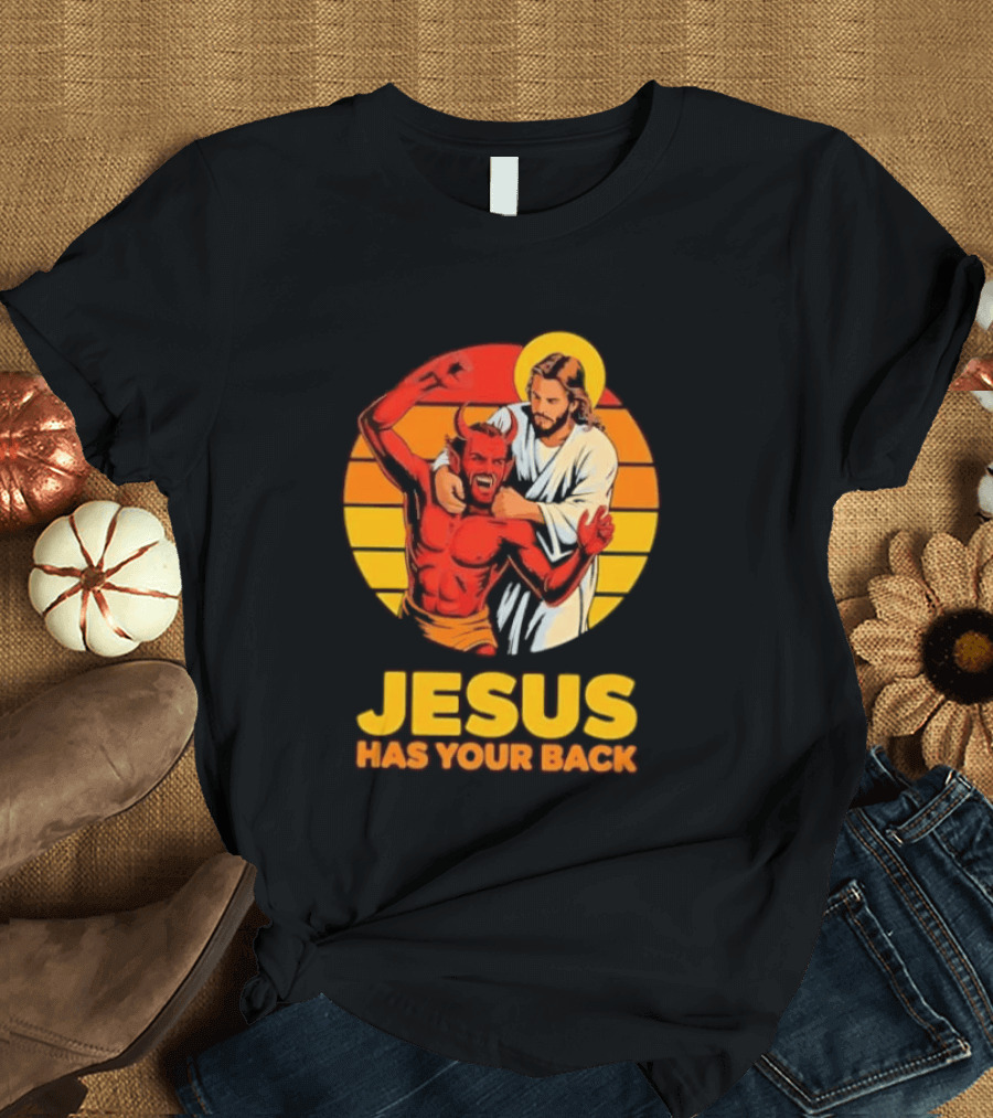 Jesus Has Your Back Vintage Illustration With Devil And Halo Symbolism T-Shirt