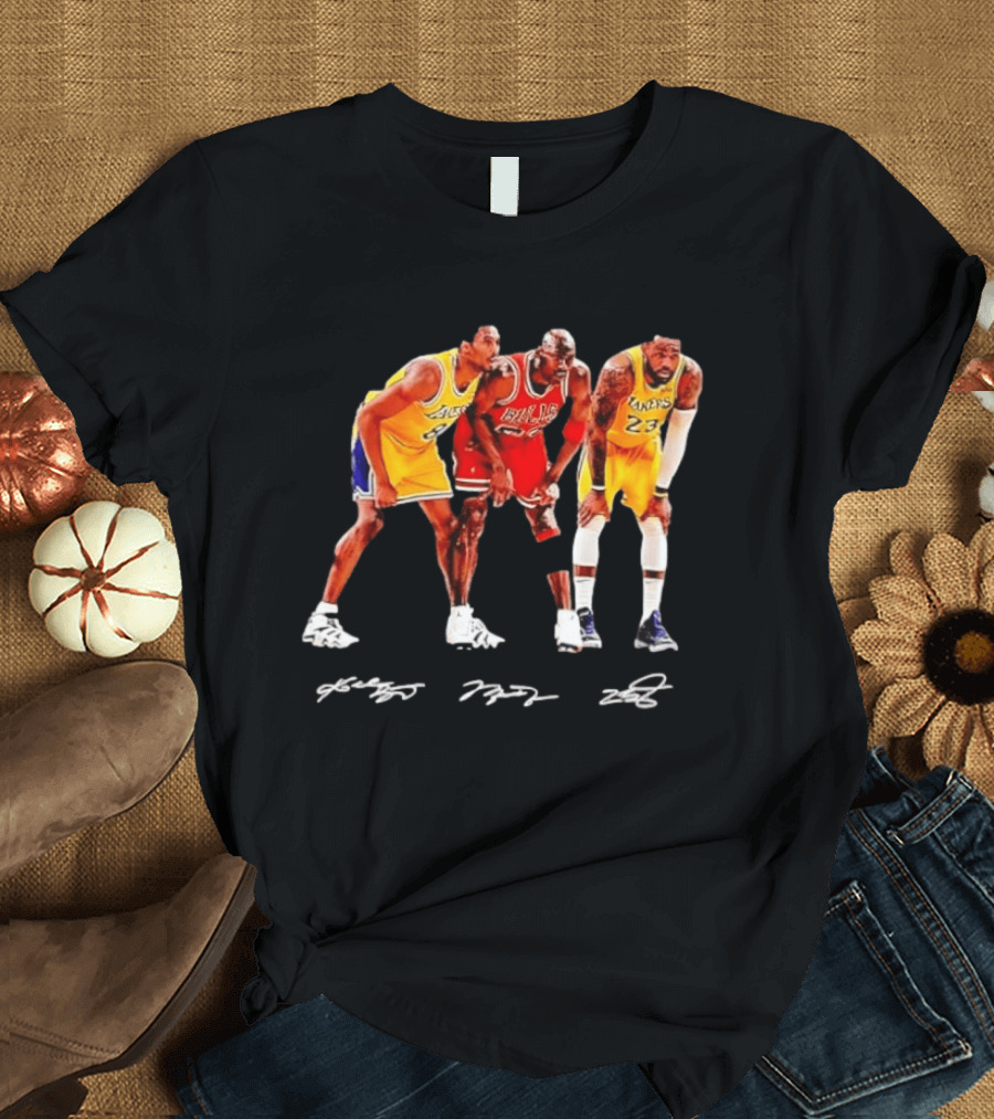 Kobe Bryant Michael Jordan LeBron James Lakers Bulls Signatures Legend Basketball T-Shirt