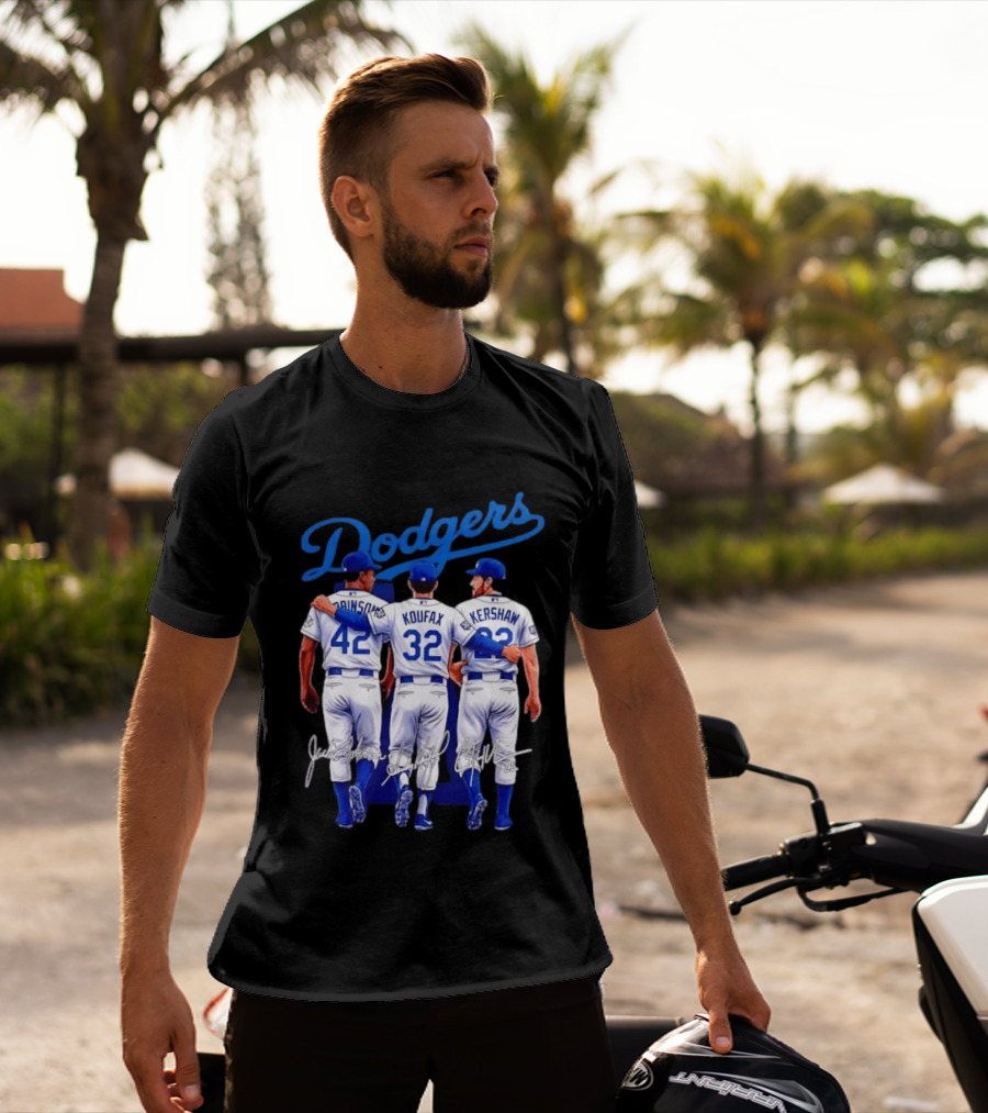 Los Angeles Dodgers Legendary Trio Jackie Robinson Sandy Koufax Clayton Kershaw Signatures T-Shirt
