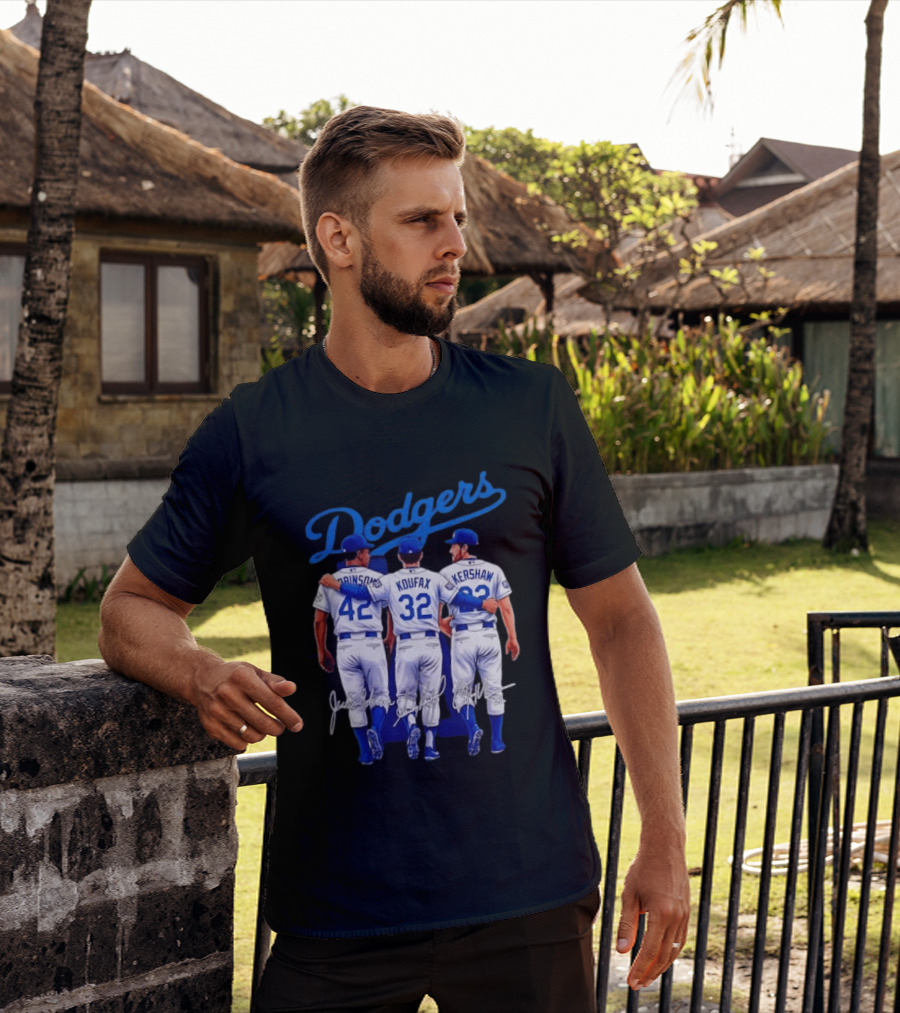 Los Angeles Dodgers Legendary Trio Jackie Robinson Sandy Koufax Clayton Kershaw Signatures T-Shirt