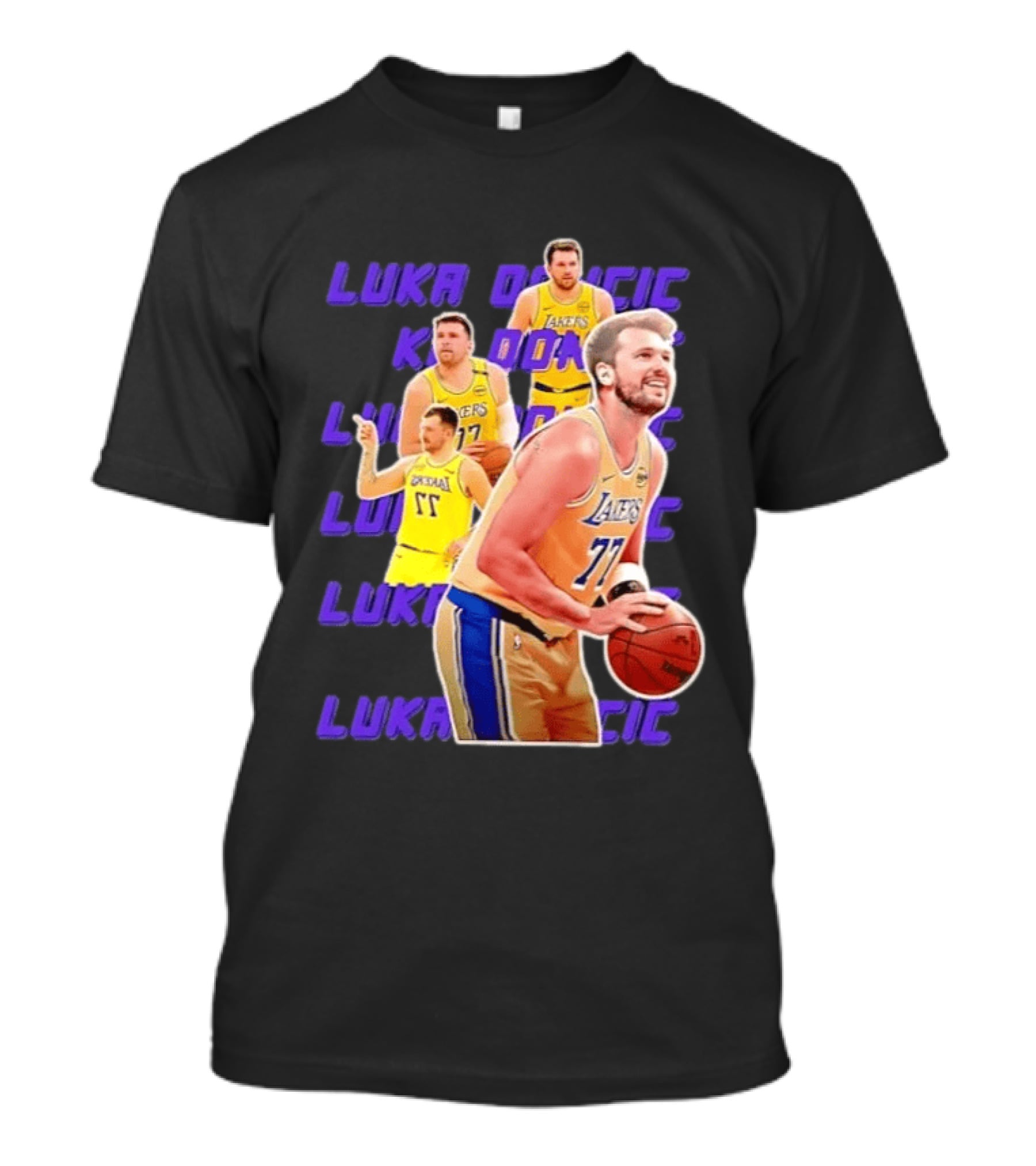 Luka Doncic Lakers 77 Action Shot Multiple Pose Purple Basketball Display T-Shirt