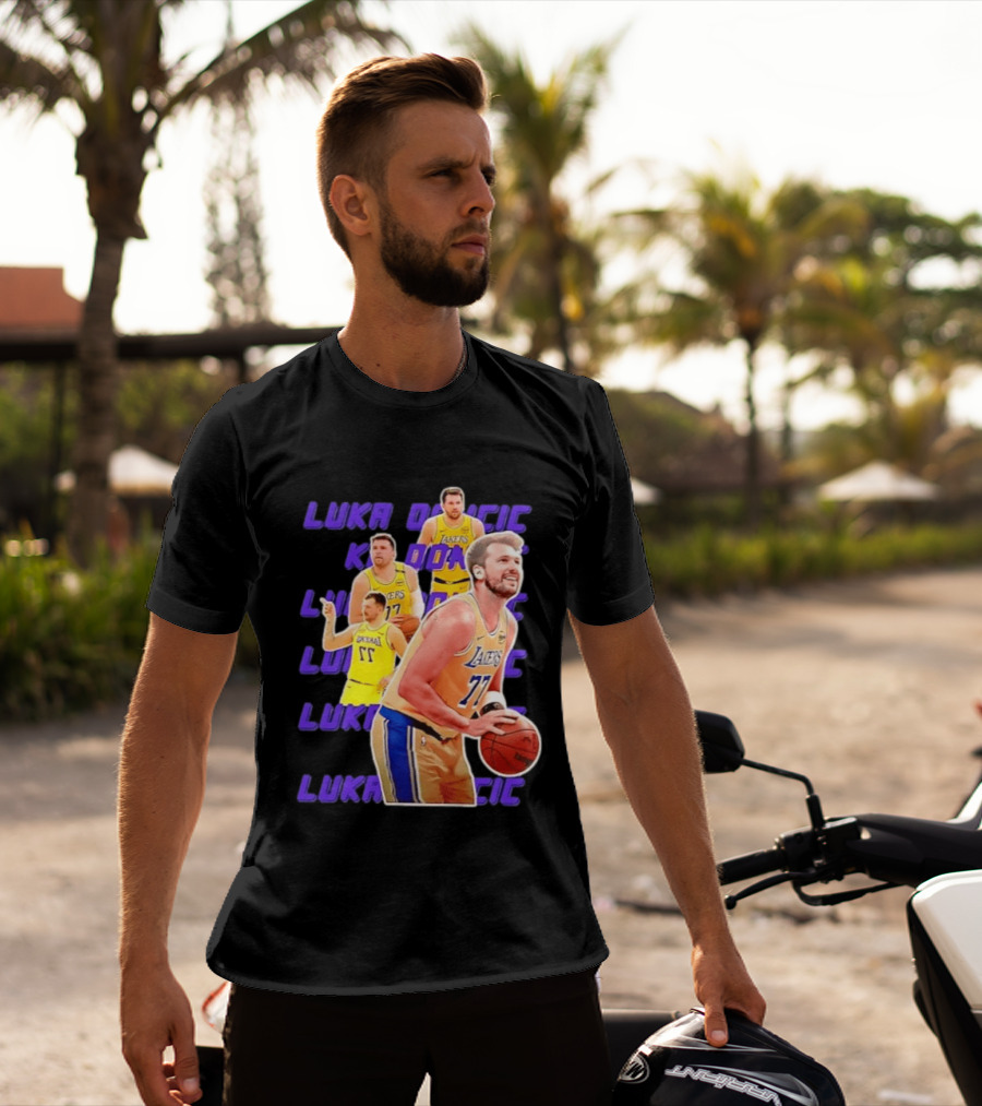 Luka Doncic Lakers 77 Action Shot Multiple Pose Purple Basketball Display T-Shirt