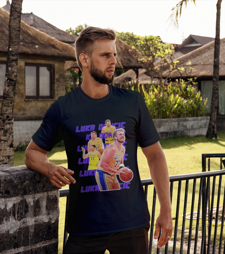 Luka Doncic Lakers 77 Action Shot Multiple Pose Purple Basketball Display T-Shirt