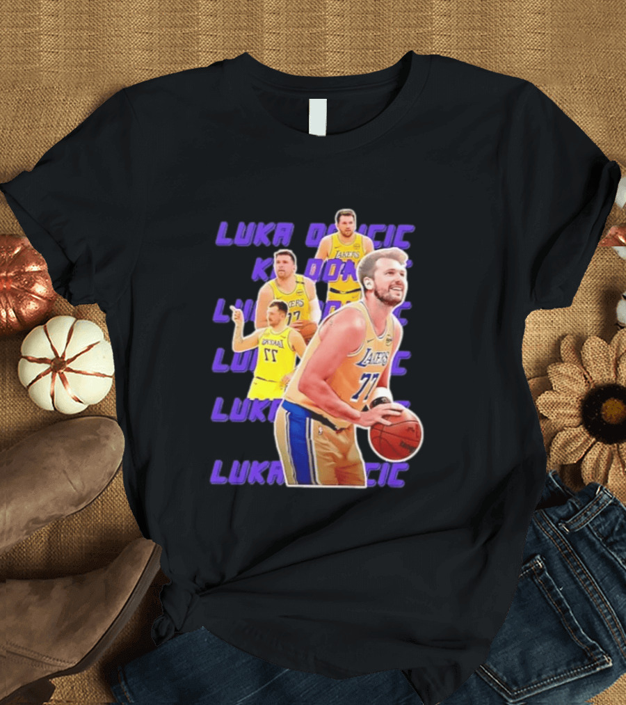 Luka Doncic Lakers 77 Action Shot Multiple Pose Purple Basketball Display T-Shirt