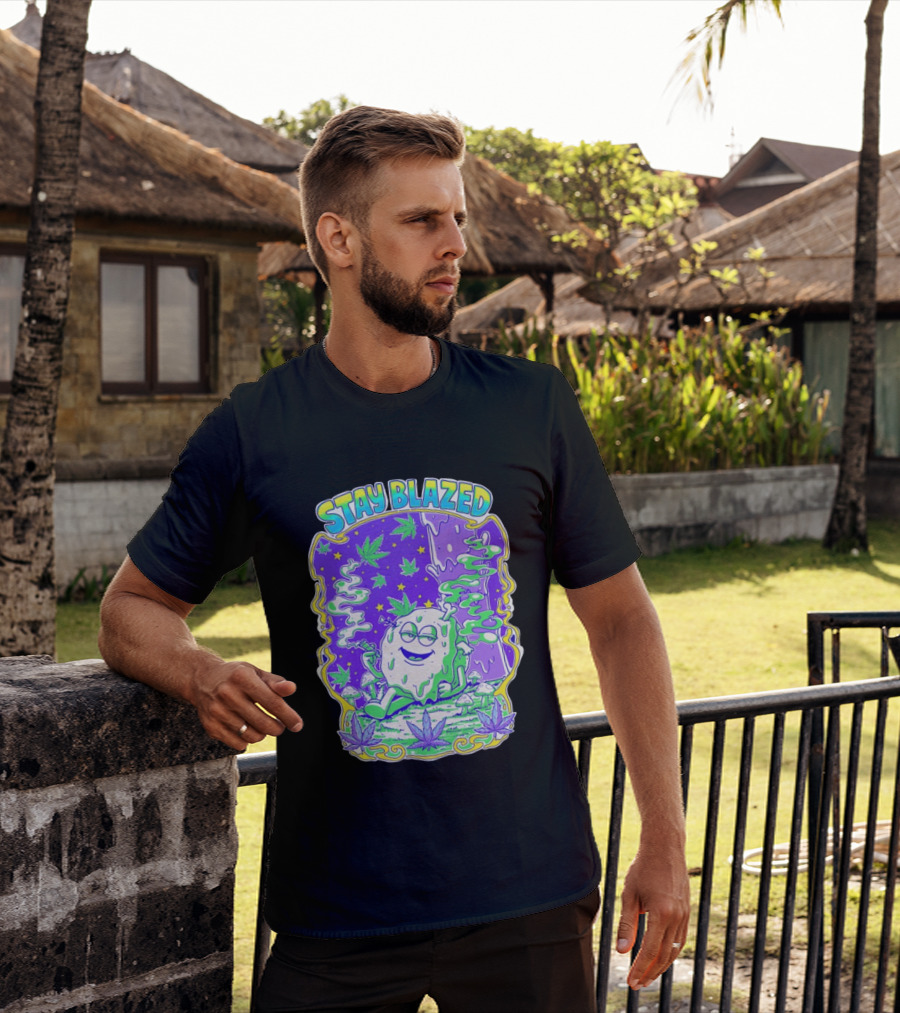 Stay Blazed Trippy Cannabis Character Psychedelic Art Leafs And Mushrooms T-Shirt