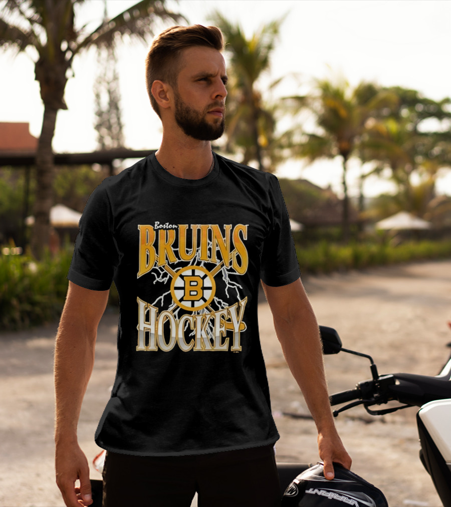 Boston Bruins Hockey B Logo Crossed Sticks Lightning T-Shirt