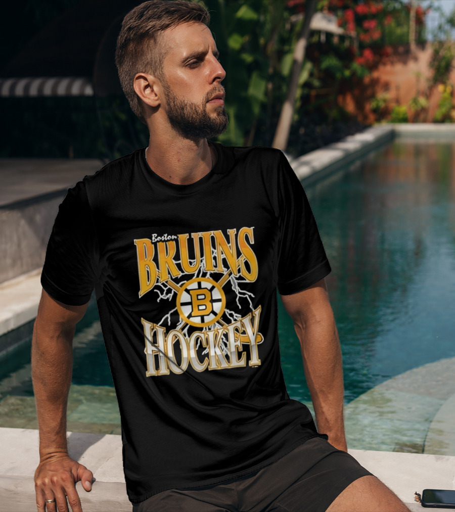 Boston Bruins Hockey B Logo Crossed Sticks Lightning T-Shirt