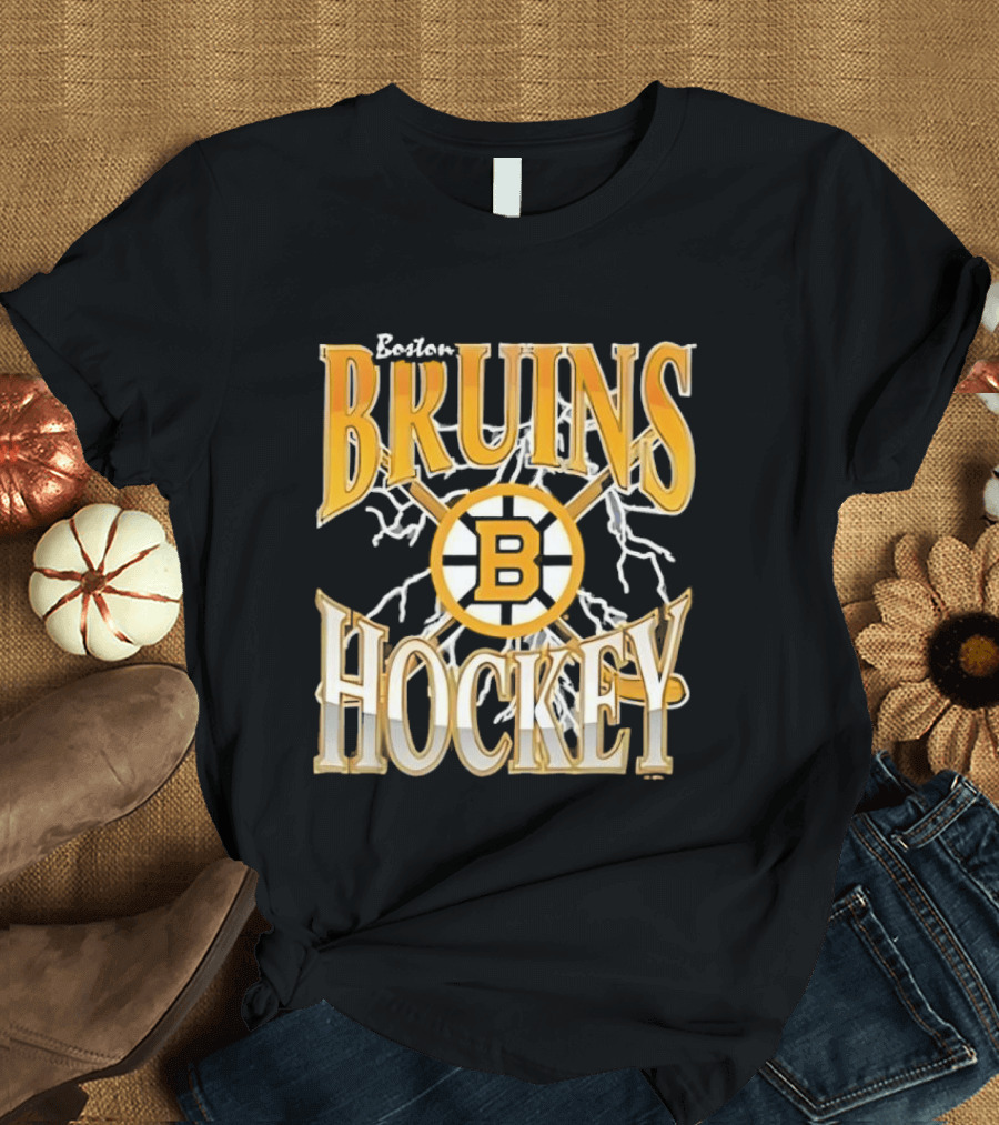Boston Bruins Hockey B Logo Crossed Sticks Lightning T-Shirt