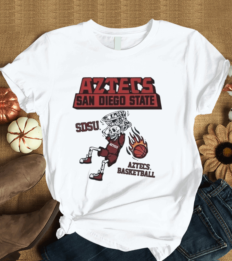 Aztecs San Diego State SDSU Skeleton Dunking Flaming Basketball T-Shirt