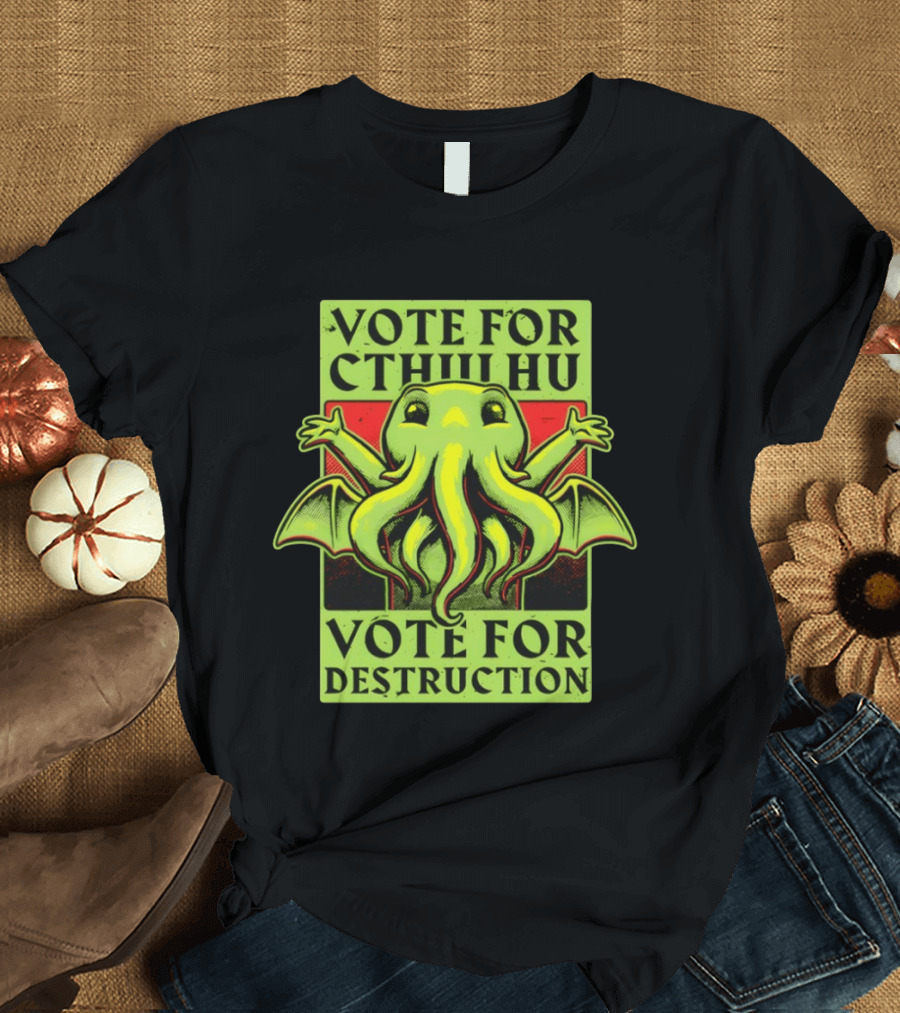 Vote For Cthulhu For Destruction Cartoon Alien Creature With Tentacles And Wings T-Shirt