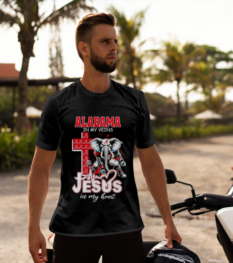 Alabama Crimson Tide In My Veins Jesus In My Heart Elephant Cross T-Shirt