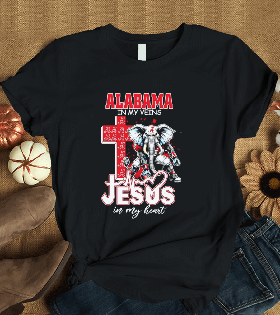 Alabama Crimson Tide In My Veins Jesus In My Heart Elephant Cross T-Shirt