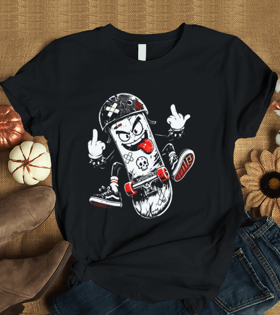 Skull Face Skateboard Cartoon Character With Attitude T-Shirt