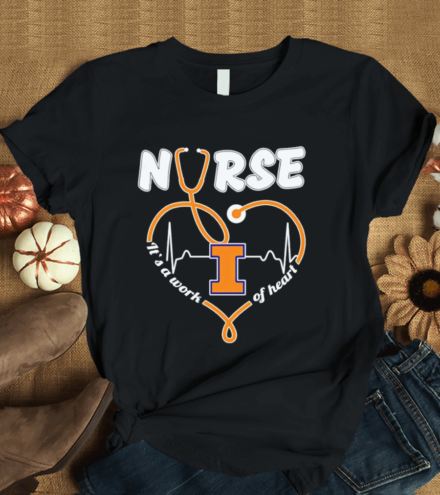 Nurse Illinois Fighting Illini It's A Work Of Heart Stethoscope Heart T-Shirt