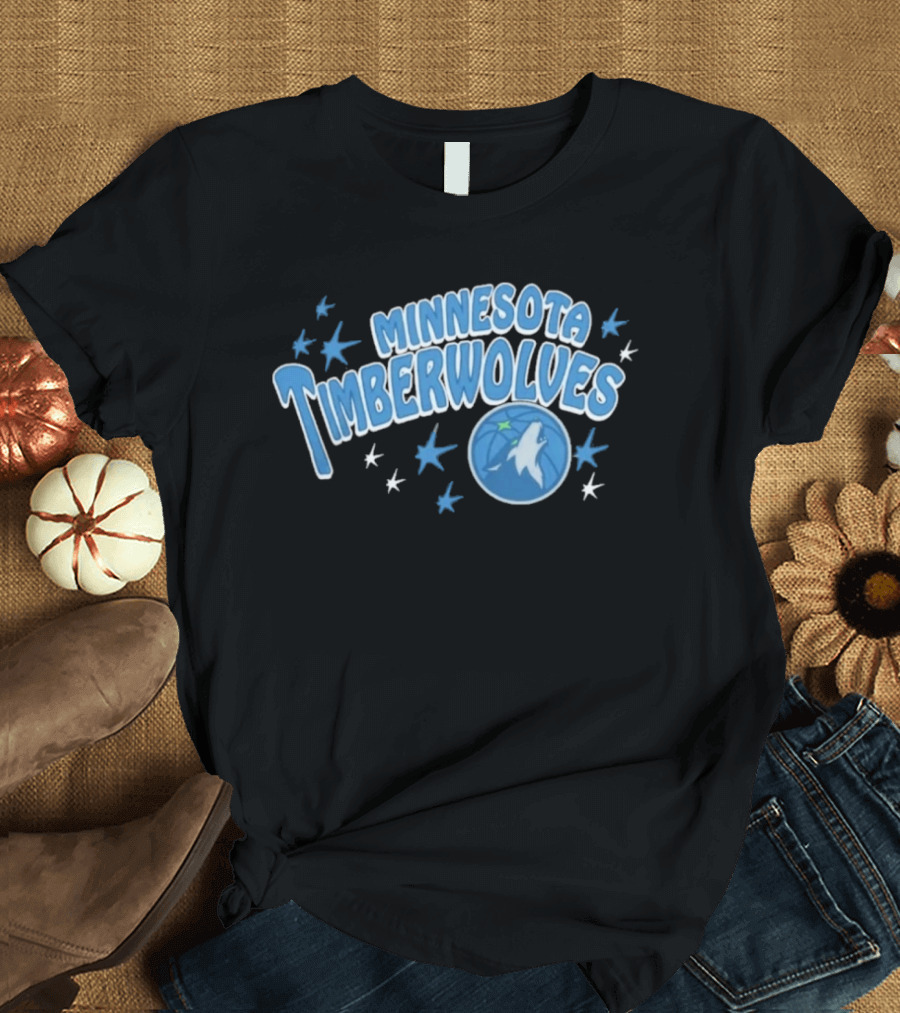 Minnesota Timberwolves Starter Black Fireworks Starry Blue Basketball Wolf T-Shirt