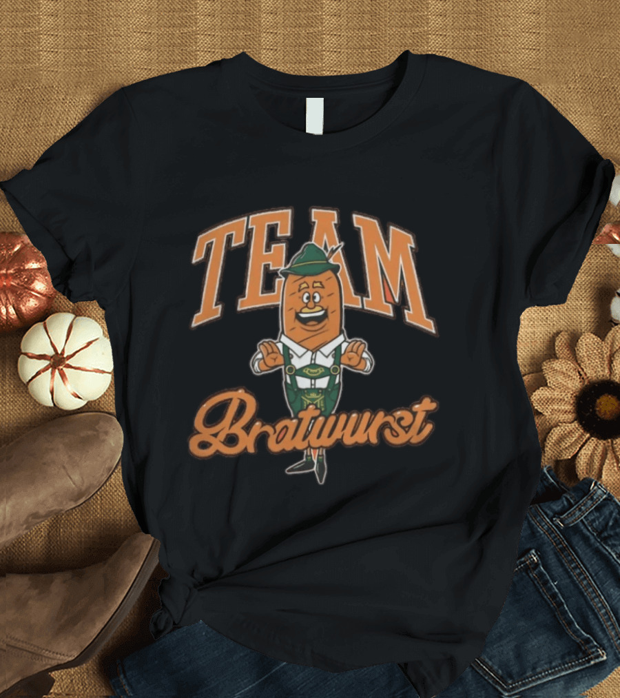 Team Bratwurst Burnt Orange Oktoberfest Character Lederhosen T-Shirt