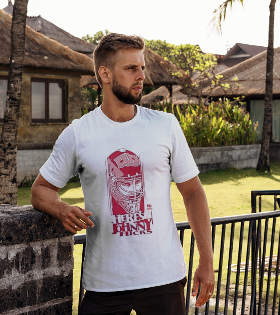 Here's Johnny Hicks Denver Pioneers Men's Ice Hockey Mask DJ T-Shirt