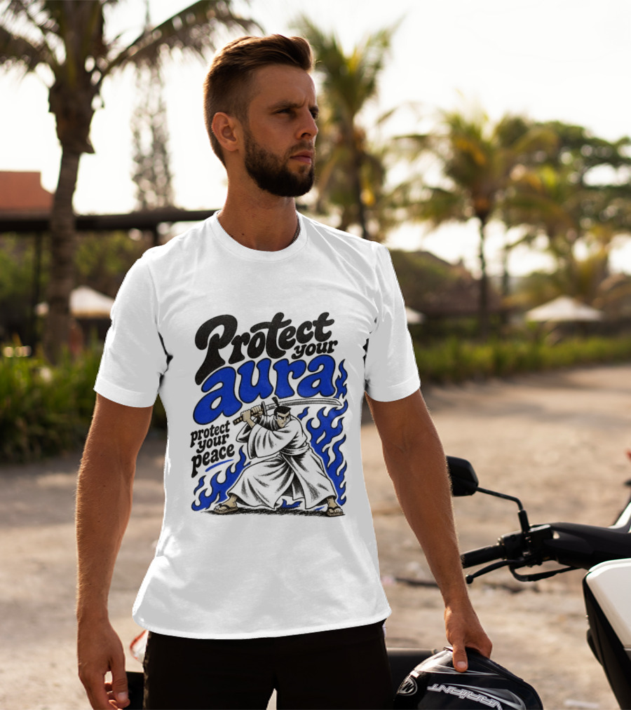 Protect Your Aura Samurai Protect Your Peace Blue Flames T-Shirt