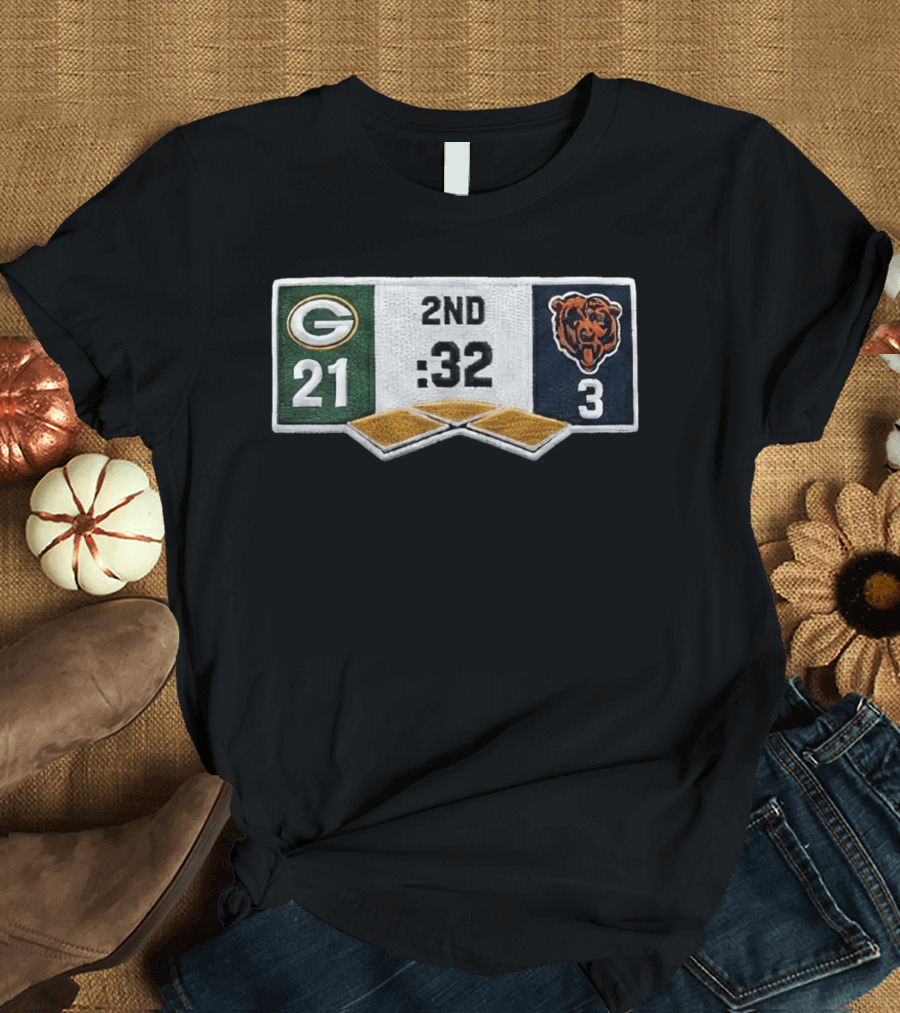 Packers 21 Bears 3 Second Quarter Scoreboard Patch T-Shirt