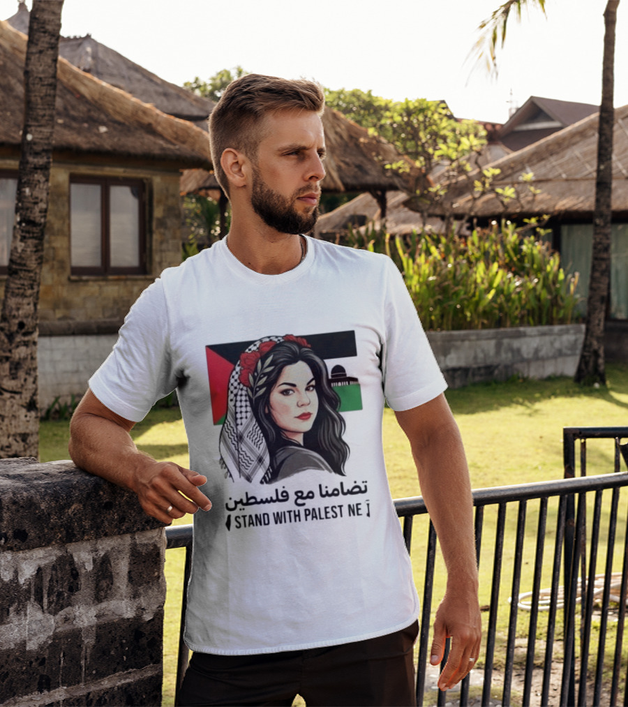 Stand With Palestine Women تضامنًا مع فلسطين Iconic Figure With Traditional Scarf And Flag T-Shirt