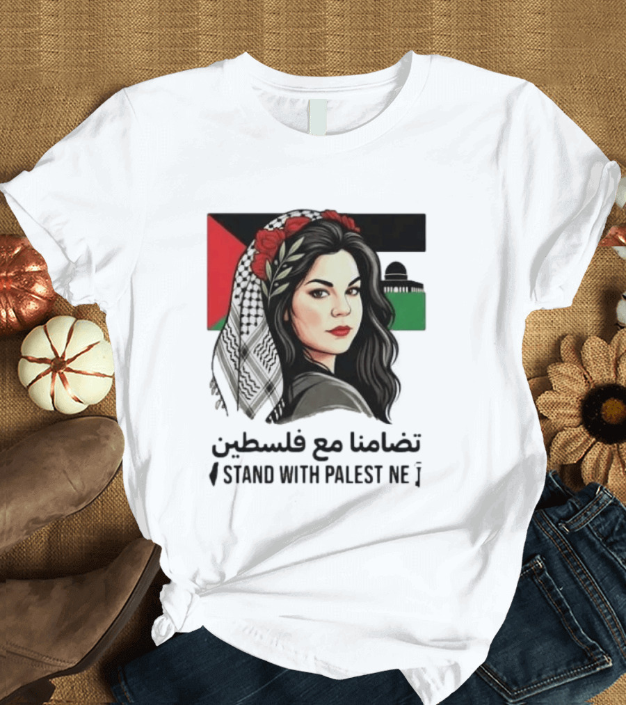 Stand With Palestine Women تضامنًا مع فلسطين Iconic Figure With Traditional Scarf And Flag T-Shirt