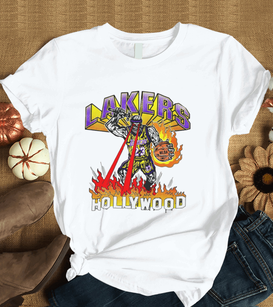 Rare Warren Lotas Los Angeles Lakers Hollywood Basketball Player Flames Laser Eyes 23 Team T-Shirt