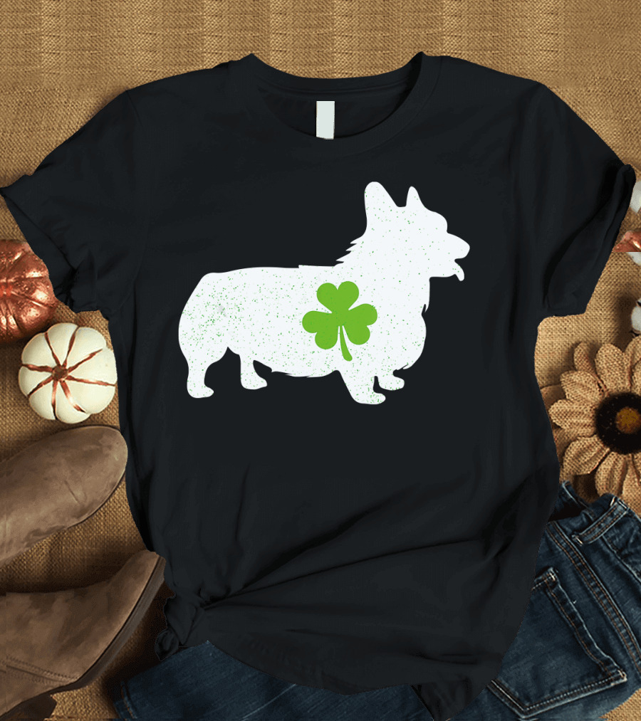 Corgi Silhouette with Green Clover Irish T-Shirt