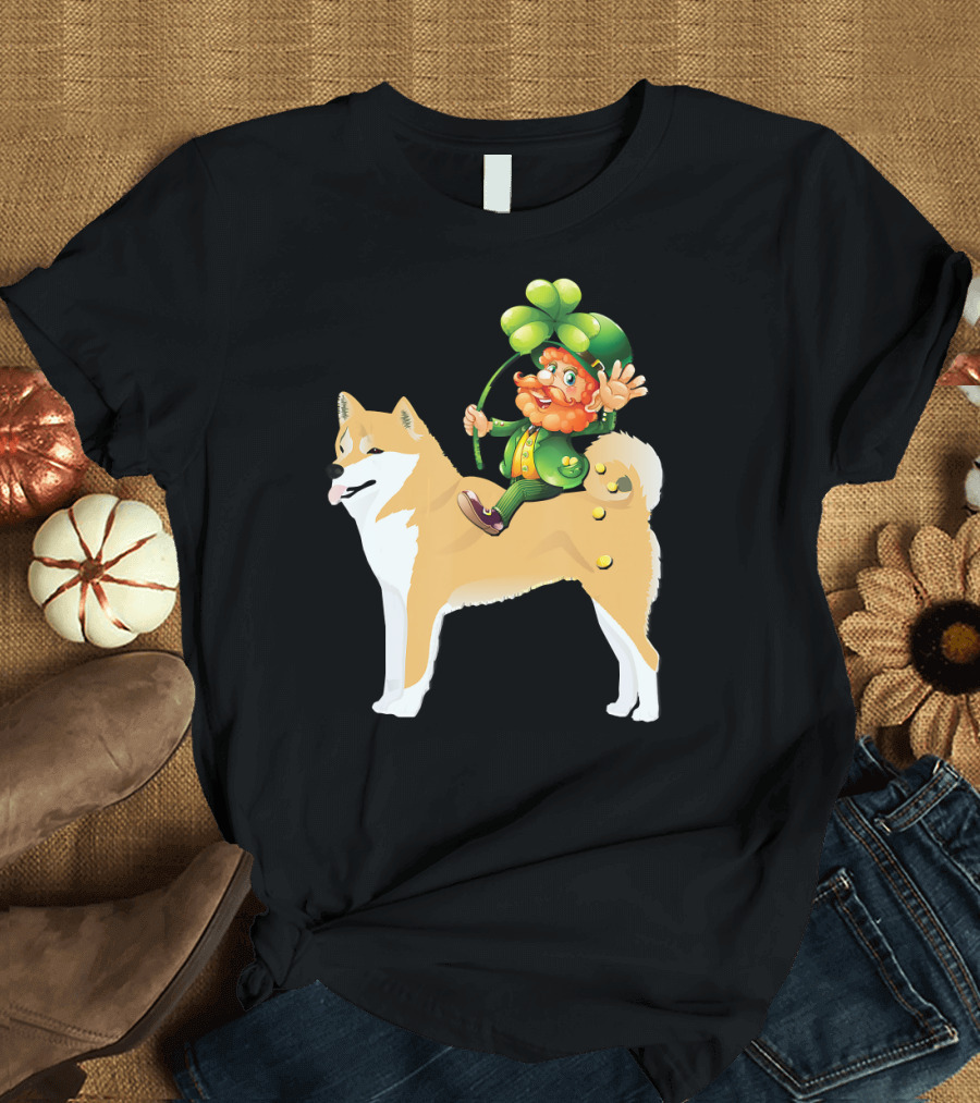 Leprechaun on Shiba Inu with Shamrock Rider T-Shirt