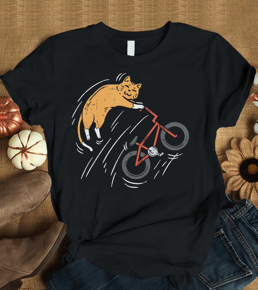 Orange Cat Riding Bicycle in Motion T-Shirt