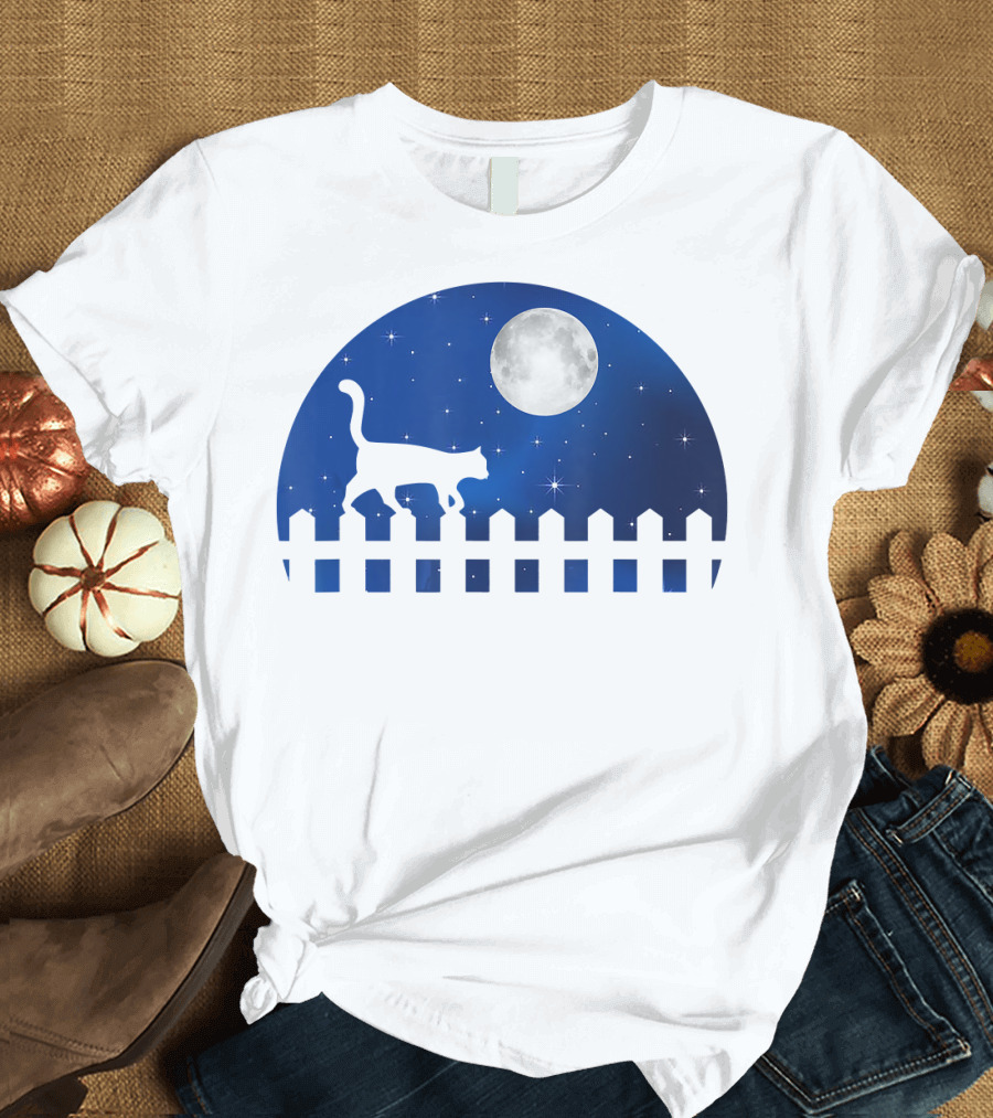 Cat Cat Moon Night Sky Walking Fence T-Shirt