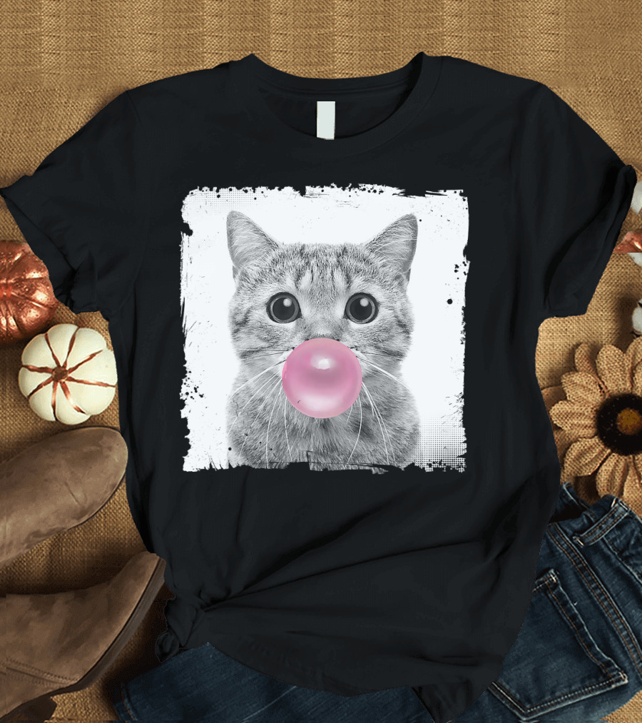 Cute Cat Blowing Pink Bubble Gum for Animal Lover Black and White Sketch T-Shirt