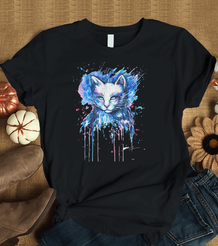 Cute Cat Cosmic Splash Watercolor T-Shirt