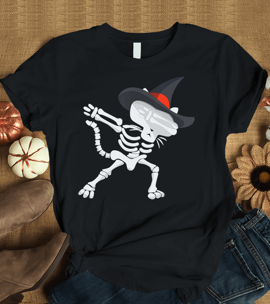 Dabbing Cat Skeleton with Witch Hat T-Shirt