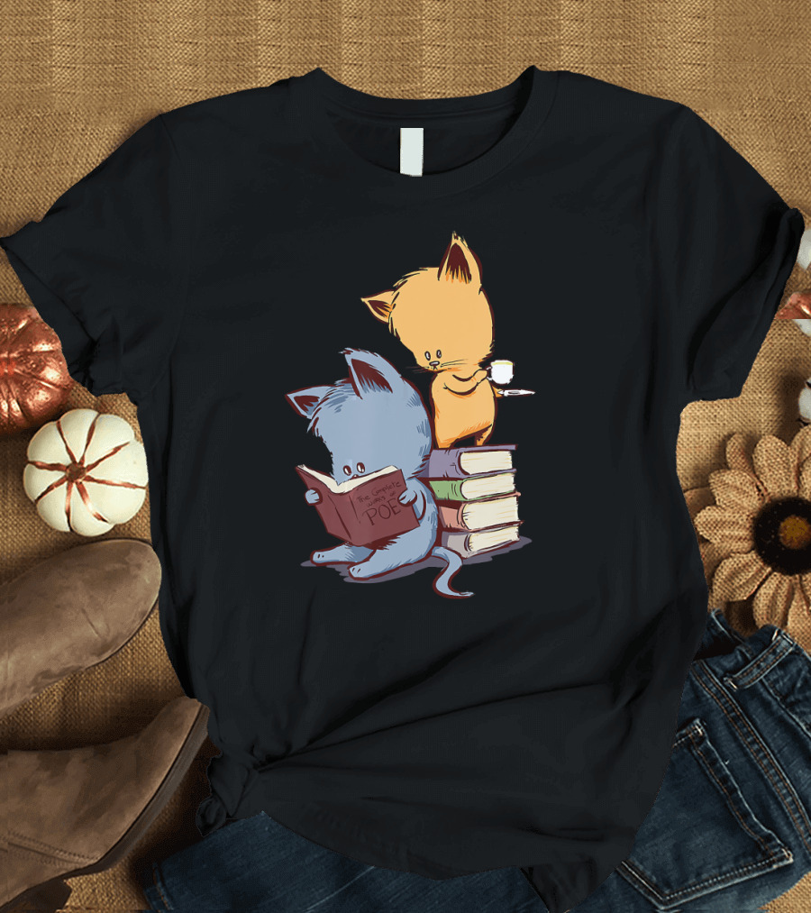 Kittens Reading Edgar Allan Poe with Tea and Books T-Shirt