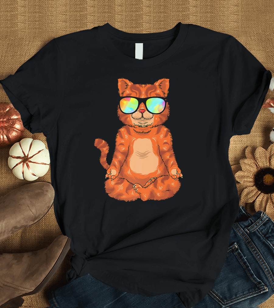 Meditating Cat in Colorful Sunglasses Yoga Pose Cute Drawing T-Shirt