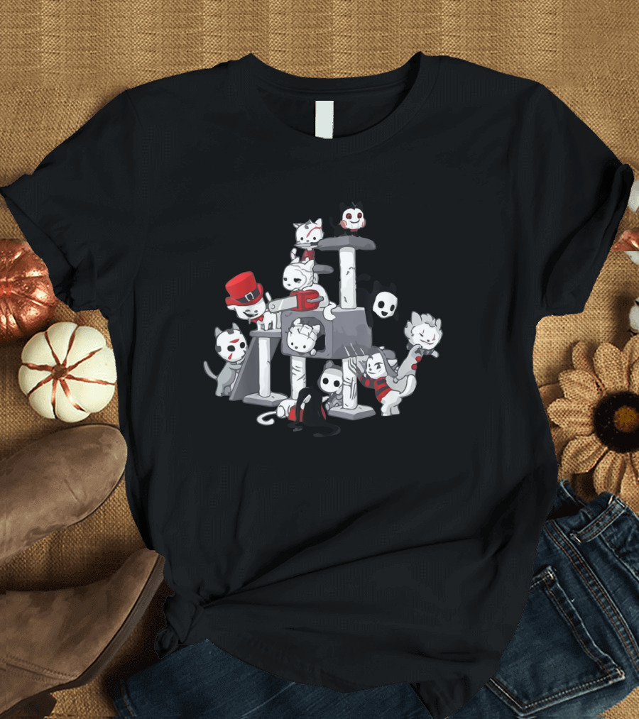 Cat Horror Movie Characters on Scratching Post with Masks and Costumes T-Shirt