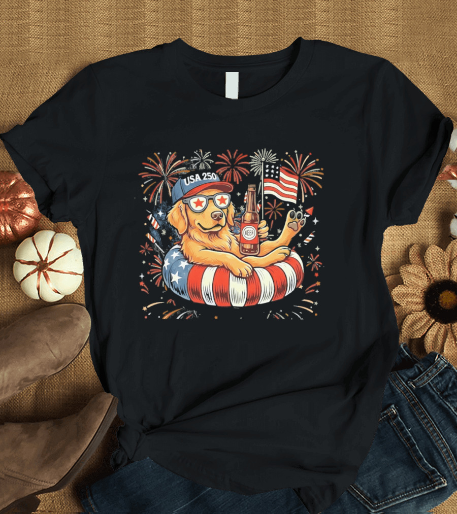 Golden Retriever Beer USA 250 Fireworks American Flag 4th Of July T-Shirt